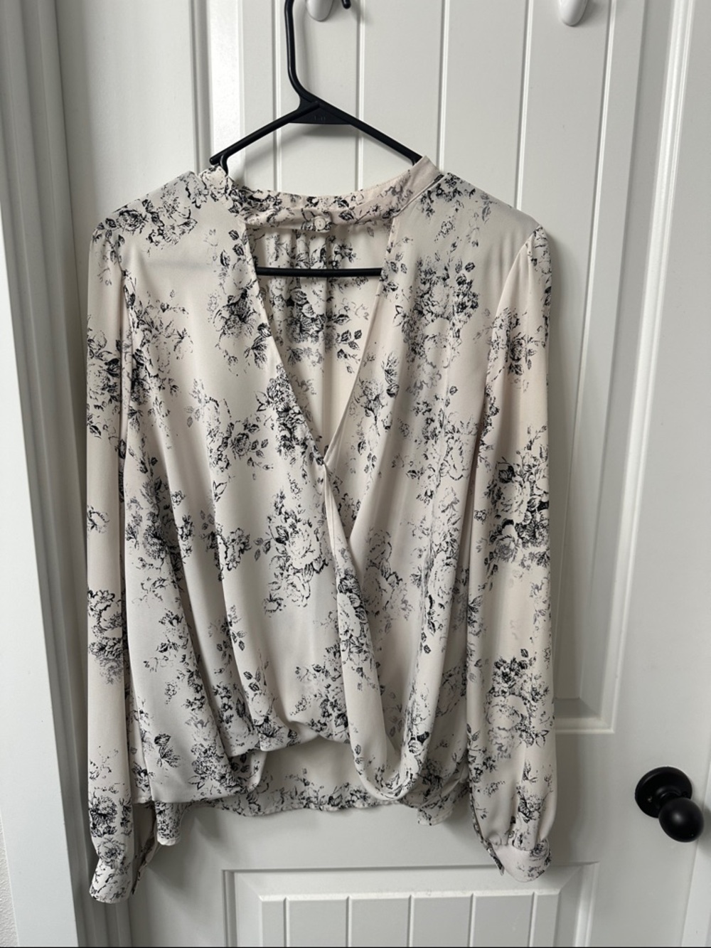 Lush Cream Blouse with Black Floral Print